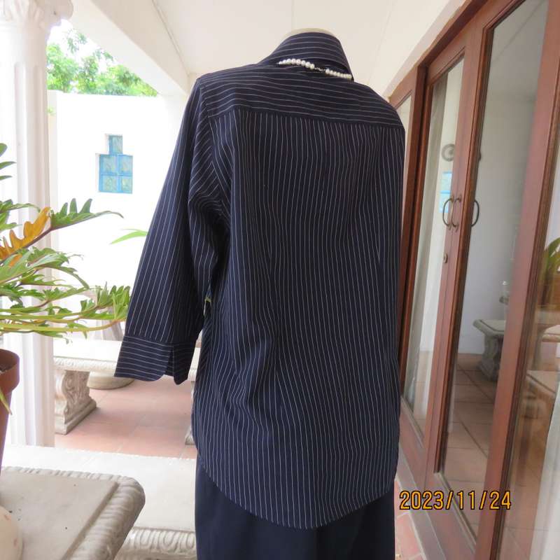 Versatile navy/white pinstripe button down polycotton tailored top. Size 38/14. One pocket. New cond