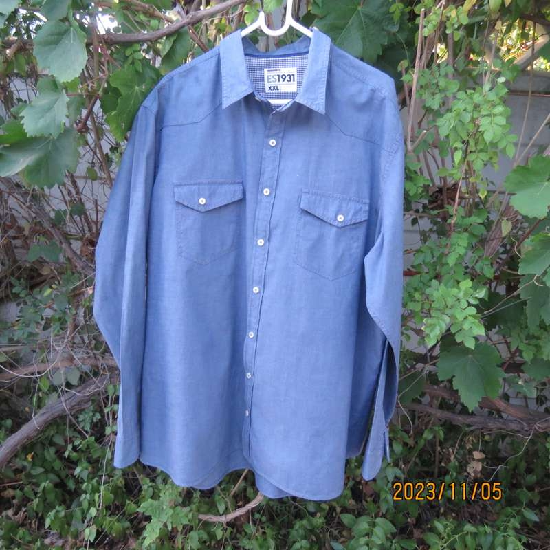 Handsome modern Men`s light denim long sleeve 100% cotton shirt by WOOLWORTHS. Size XXL. As new.