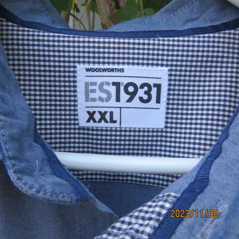 Handsome modern Men`s light denim long sleeve 100% cotton shirt by WOOLWORTHS. Size XXL. As new.