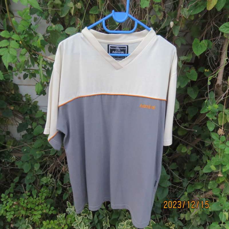 Men`s short sleeve T Shirt in grey/cream by ADMIRAL  England size Large. V neckline. Very good cond.