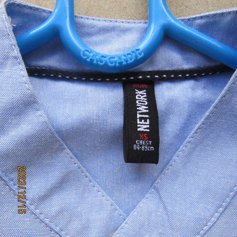 Brand new men`s sky blue long sleeve/high collar polycotton shirt size XS by NETWORK. Chest 84 -89cm