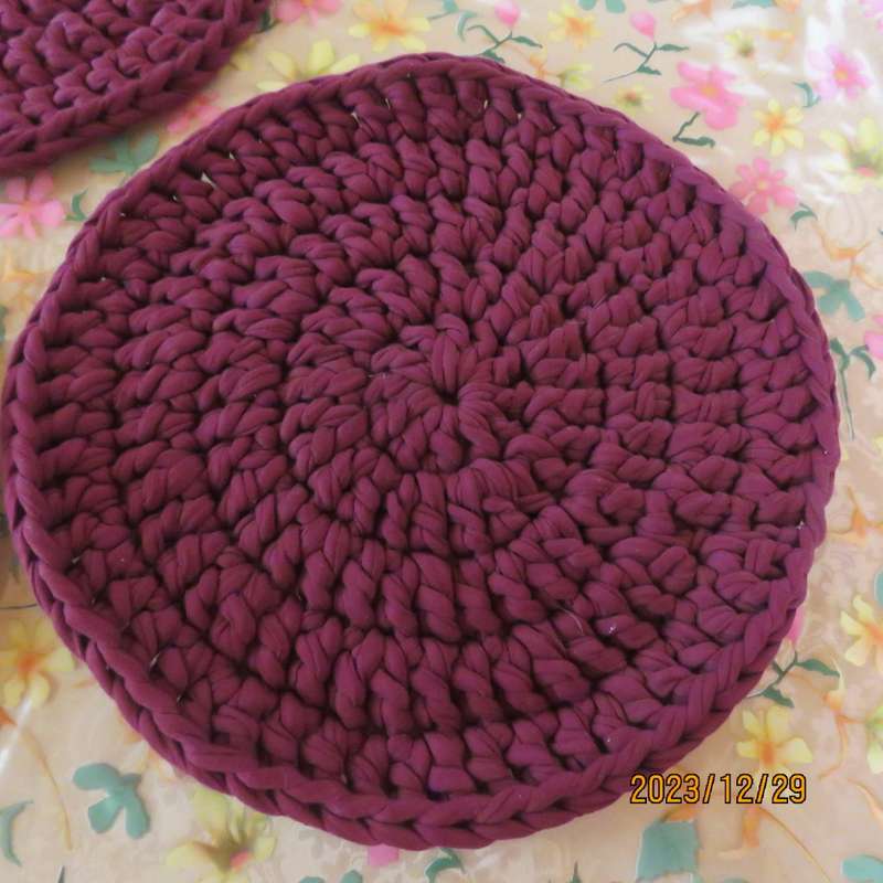Set of 3 round  35cm diameter maroon table mats hand crochet with T Shirt yarn. New. Thick.