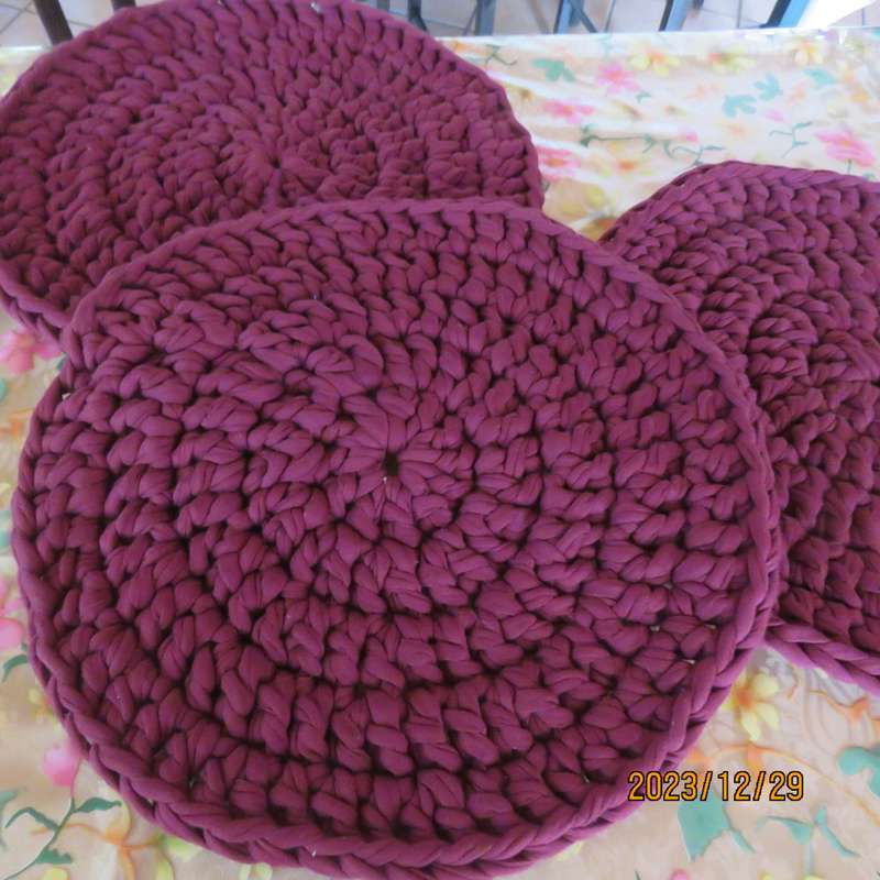 Set of 3 round  35cm diameter maroon table mats hand crochet with T Shirt yarn. New. Thick.
