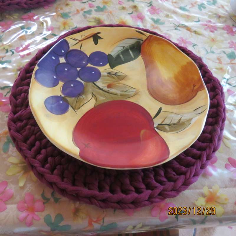 Set of 3 round  35cm diameter maroon table mats hand crochet with T Shirt yarn. New. Thick.
