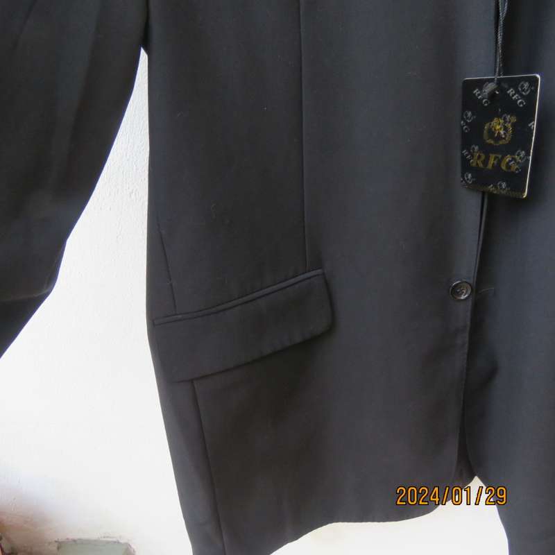 Very black handsome men`s jacket with 3 button closure. By RFG Clothing size 44/46. Brand new.