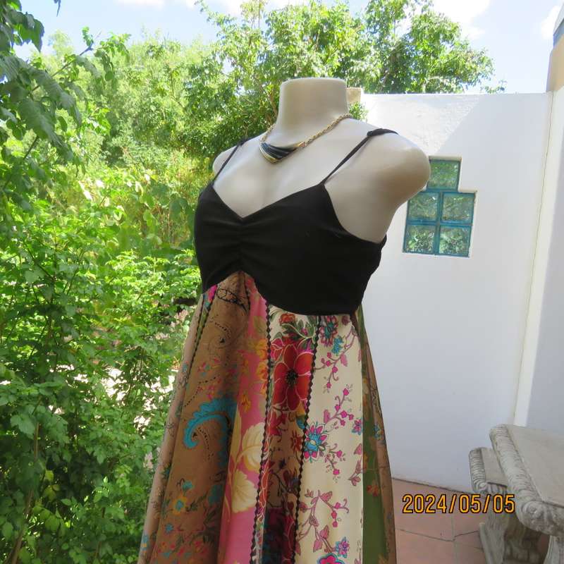 Pretty flare colourful bo-ho patterned empire dress with black strappy bodice. By JESSICA size 34/10