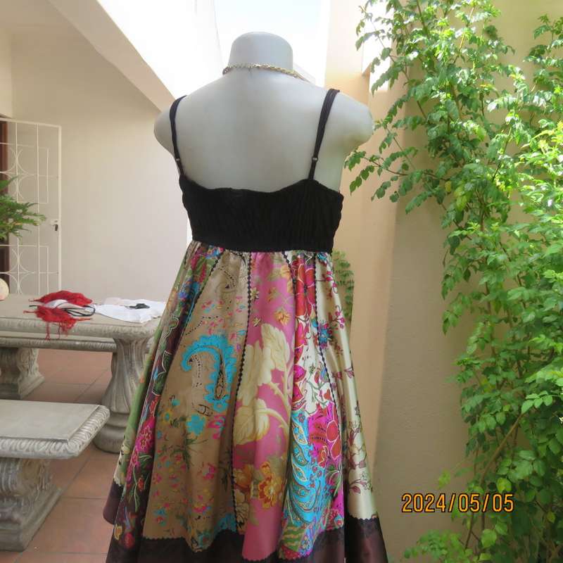 Pretty flare colourful bo-ho patterned empire dress with black strappy bodice. By JESSICA size 34/10