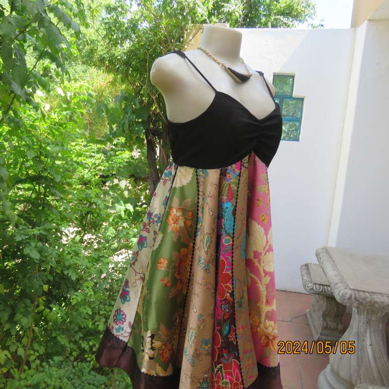 Pretty flare colourful bo-ho patterned empire dress with black strappy bodice. By JESSICA size 34/10