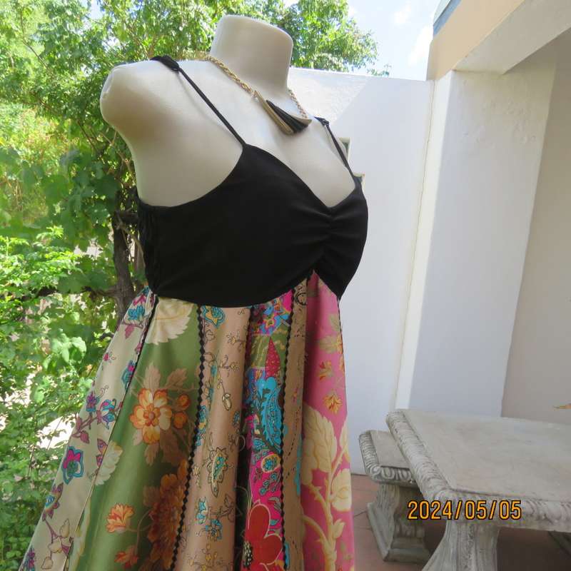 Pretty flare colourful bo-ho patterned empire dress with black strappy bodice. By JESSICA size 34/10