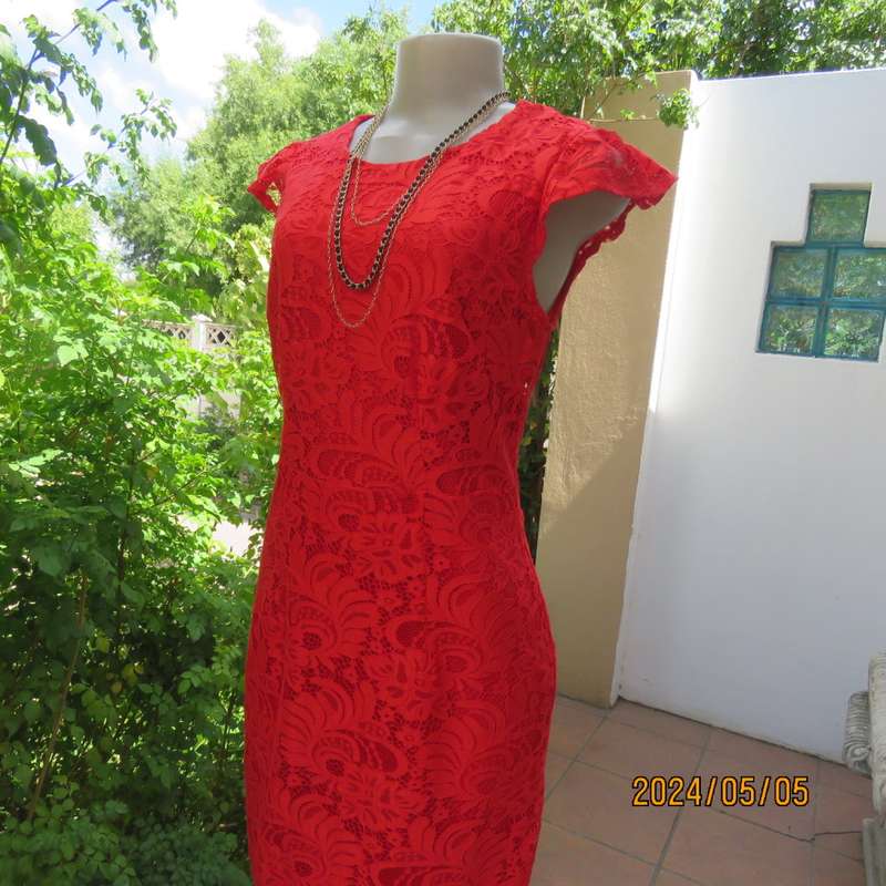 Fired up in red lace!!. Stunning red dress in stretch poly with lace. Long back zip.Tiny sleeves.34.