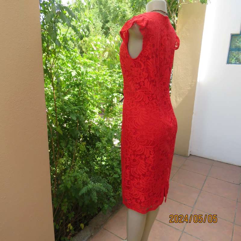 Fired up in red lace!!. Stunning red dress in stretch poly with lace. Long back zip.Tiny sleeves.34.