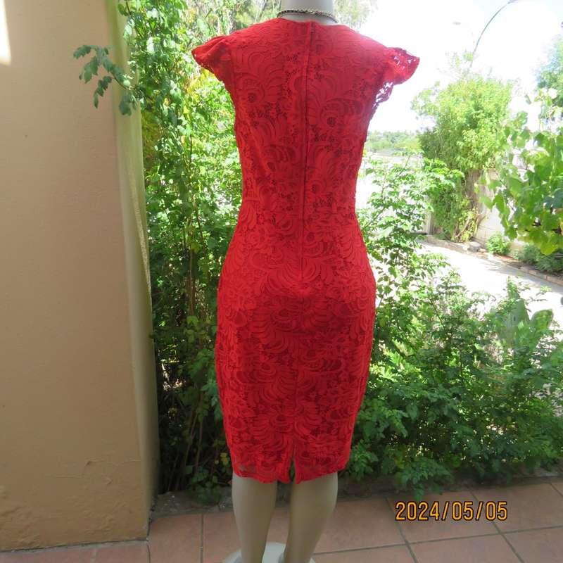 Fired up in red lace!!. Stunning red dress in stretch poly with lace. Long back zip.Tiny sleeves.34.