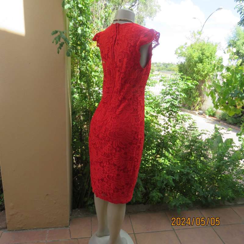 Fired up in red lace!!. Stunning red dress in stretch poly with lace. Long back zip.Tiny sleeves.34.