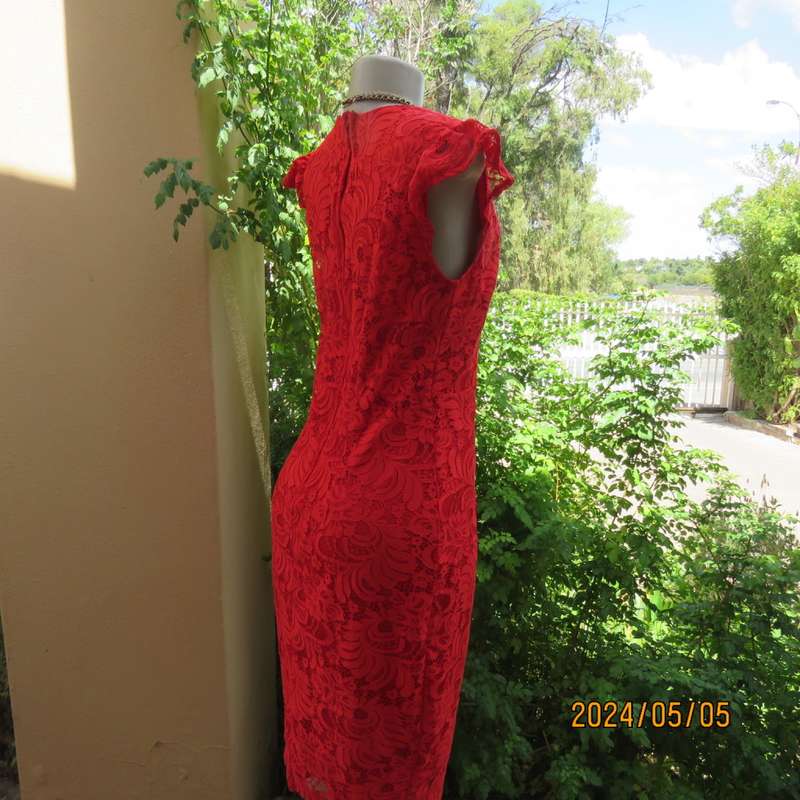 Fired up in red lace!!. Stunning red dress in stretch poly with lace. Long back zip.Tiny sleeves.34.