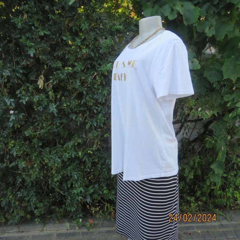 Cute white maternity T Shirt with short sleeves. Logo...YOU AND ME BABY...in gold. Size 40. As new