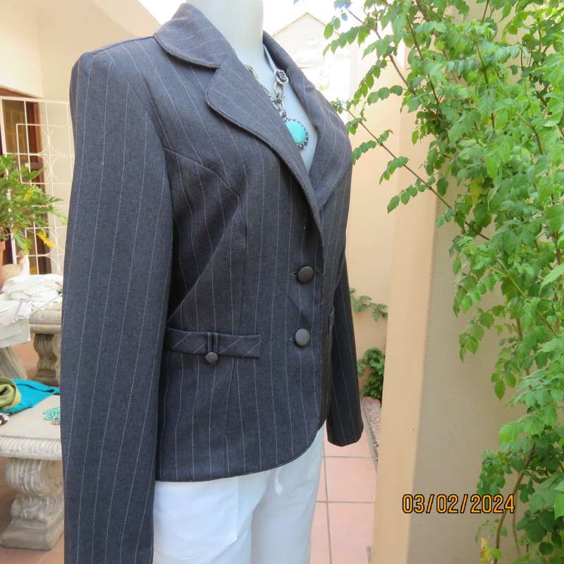 Charming pebble grey long sleeve tailored polyester 2 button jacket. Cloverleaf collar.KELSO size 34