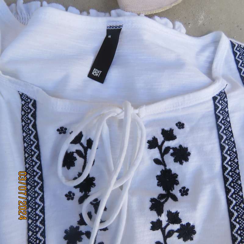 Tasteful black floral embroidered white cotton long sleeve top size 36 by EDITION. As new condition.