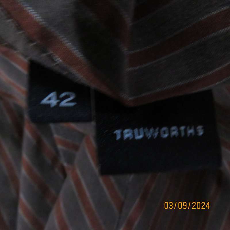 Unique paneled polycotton stretch gored skirt in light brown/rust/silver stripes. TRUWORTS size 42.