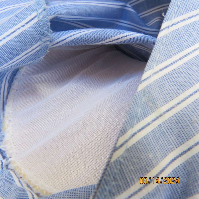 Comfy loose blue/white vertical striped button down polycotton top. V neckline. By LYNETTE size 42.