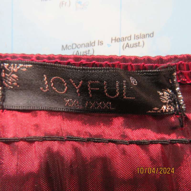 Chic garnet red polyester satin dress. Ruched top front. Skater skirt. Size 36.