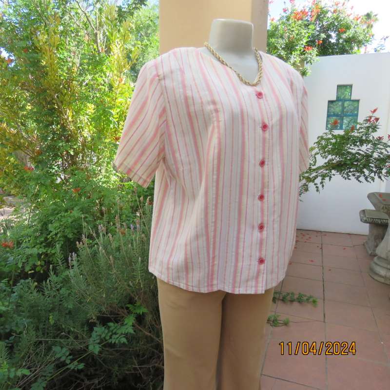 Casual bubble cotton vertical pink-yellow striped short sleeve button down top. Size 38.