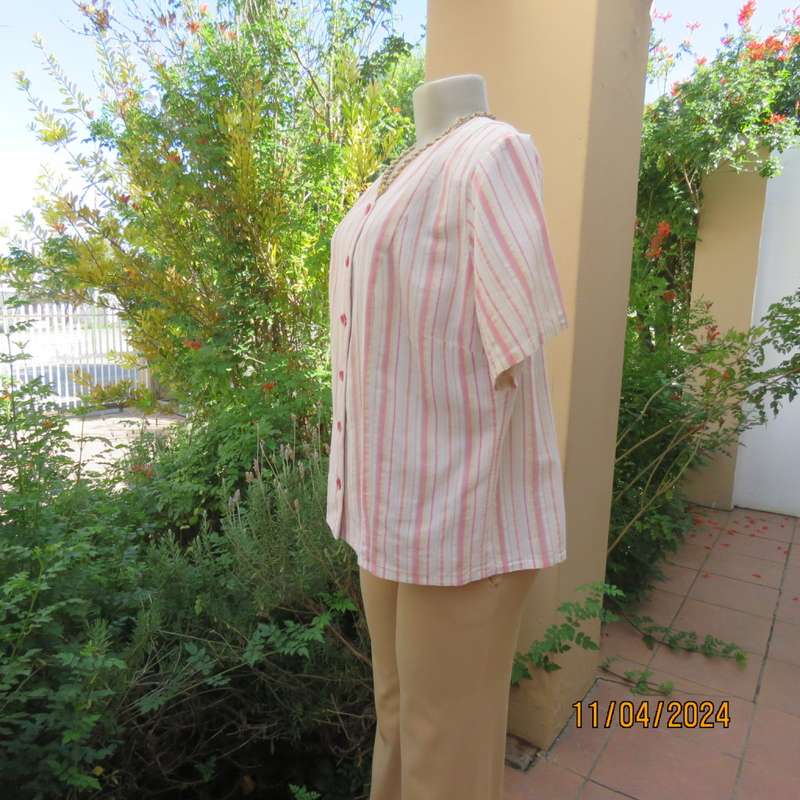 Casual bubble cotton vertical pink-yellow striped short sleeve button down top. Size 38.