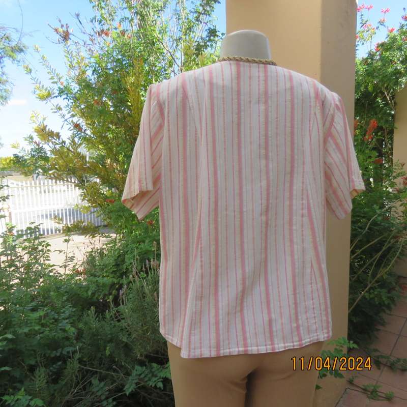 Casual bubble cotton vertical pink-yellow striped short sleeve button down top. Size 38.