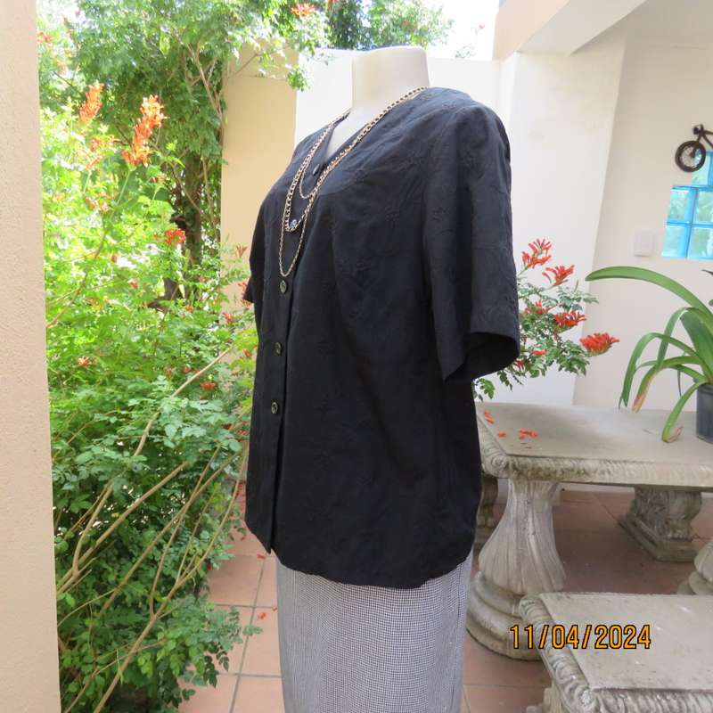 Beautiful black embroidered  polycotton button down V neck top. Short sleeve. Size 38. As new.