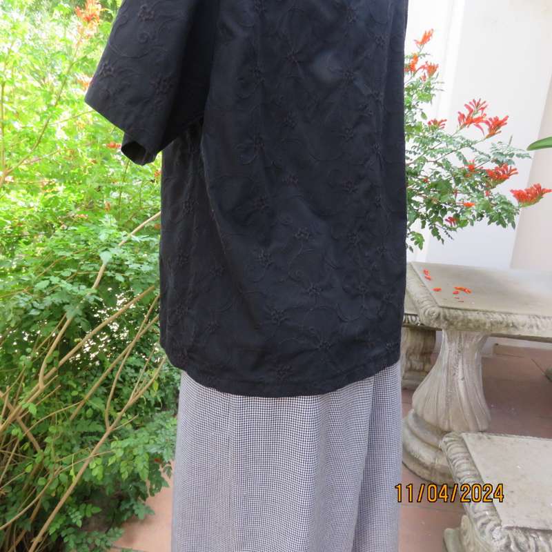 Beautiful black embroidered  polycotton button down V neck top. Short sleeve. Size 38. As new.