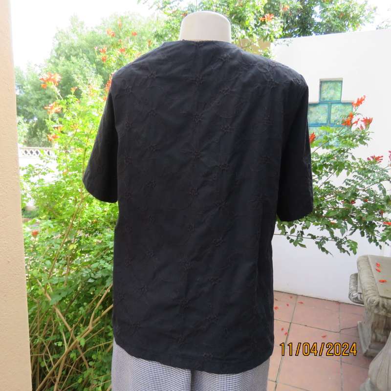 Beautiful black embroidered  polycotton button down V neck top. Short sleeve. Size 38. As new.