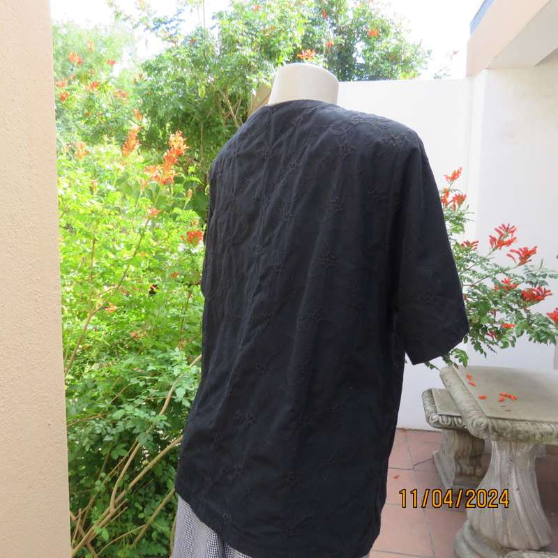 Beautiful black embroidered  polycotton button down V neck top. Short sleeve. Size 38. As new.