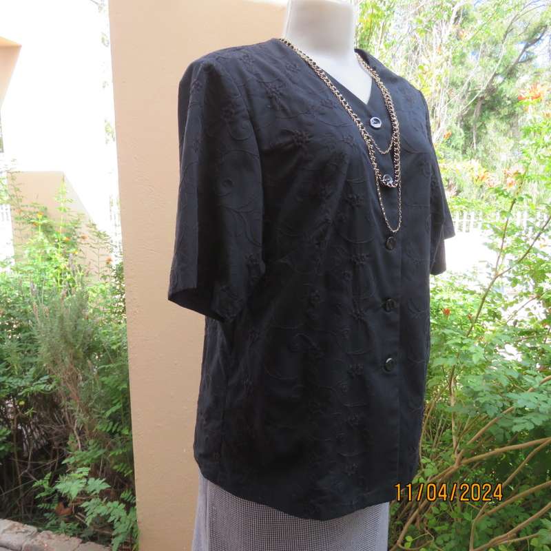 Beautiful black embroidered  polycotton button down V neck top. Short sleeve. Size 38. As new.