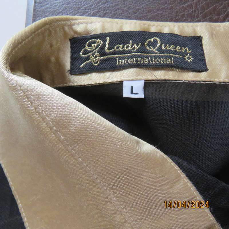 Up the luxe with this sheer black/gold satin button down top/gold shirt collar. Size 42. New cond.