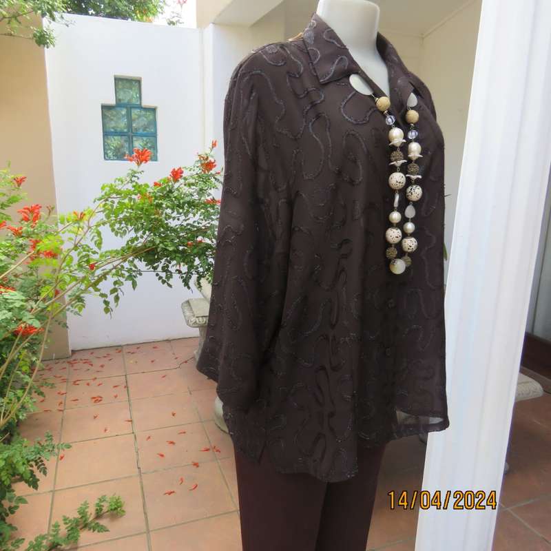 Glamour short sleeve brown sheer top with silver/brown twirl decorations. Size 42 by SECRET NZ