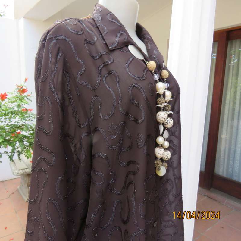 Glamour short sleeve brown sheer top with silver/brown twirl decorations. Size 42 by SECRET NZ