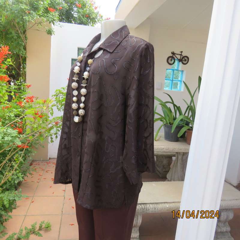 Glamour short sleeve brown sheer top with silver/brown twirl decorations. Size 42 by SECRET NZ