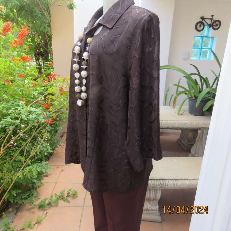 Glamour short sleeve brown sheer top with silver/brown twirl decorations. Size 42 by SECRET NZ