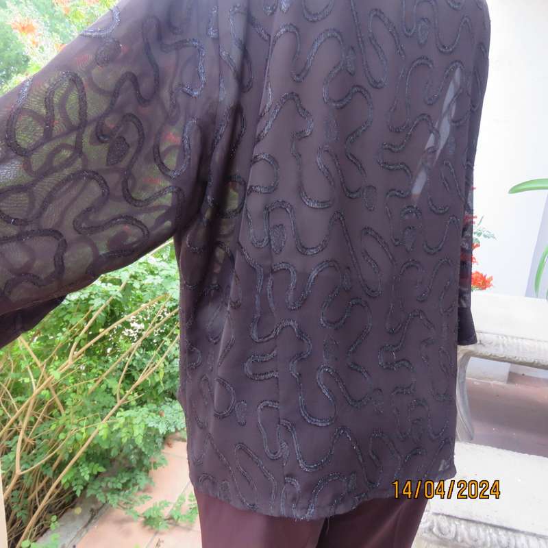 Glamour short sleeve brown sheer top with silver/brown twirl decorations. Size 42 by SECRET NZ
