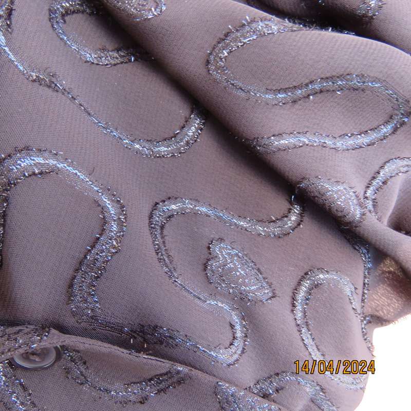 Glamour short sleeve brown sheer top with silver/brown twirl decorations. Size 42 by SECRET NZ