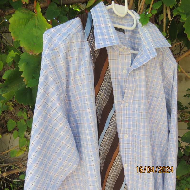 Handsome light blue/white check/blue/brown lines size XXL men`s WOOLWORTHS polycotton shirt.As new