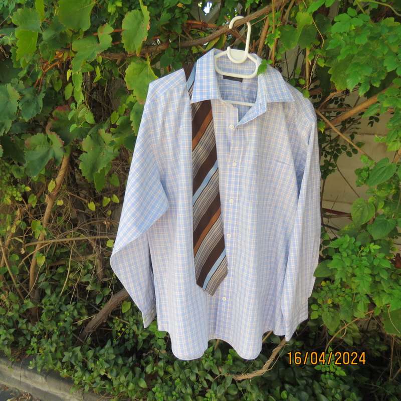 Handsome light blue/white check/blue/brown lines size XXL men`s WOOLWORTHS polycotton shirt.As new