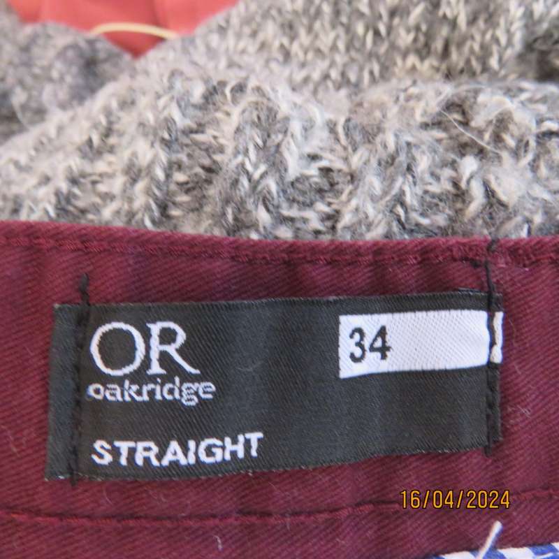 Casual men`s straight leg dark maroon Chino pants in polycotton, Size 34 by OR, New condition.