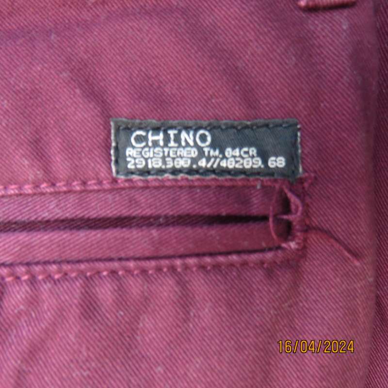 Casual men`s straight leg dark maroon Chino pants in polycotton, Size 34 by OR, New condition.