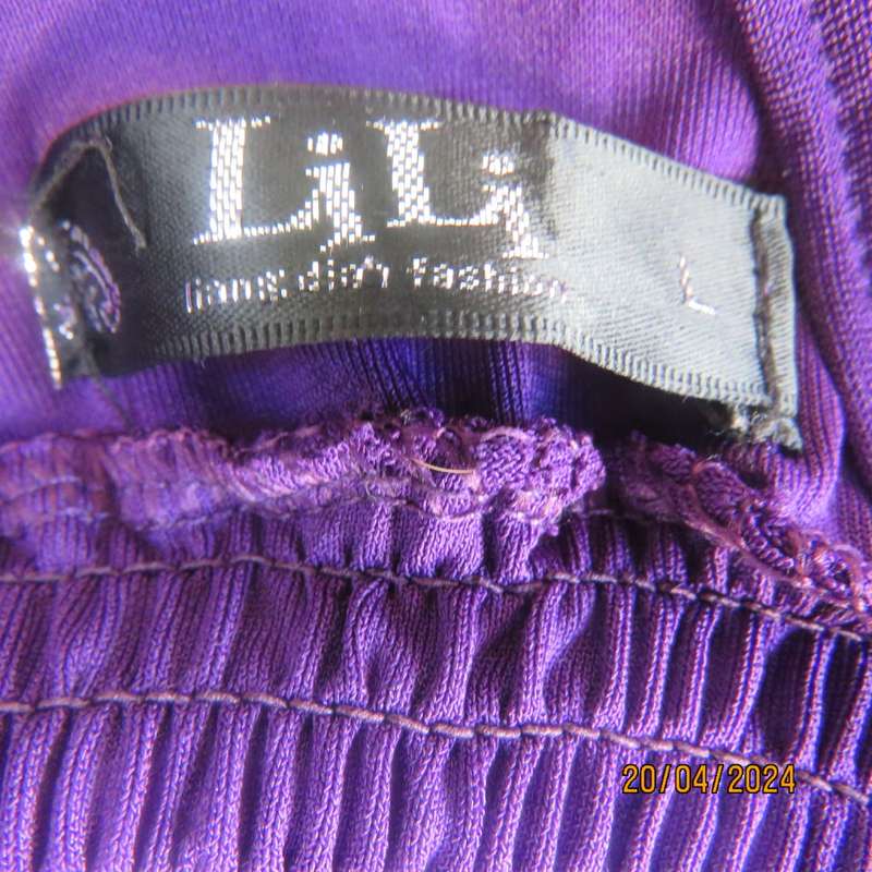 Smart casual purple stretch polyester calf length dress. Low V cross over top. Size 38. As new cond.
