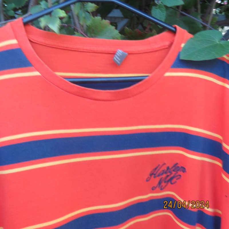 Men`s long sleeve burnt orange T Shirt size 3XL. Navy/yellow horizontal stripes.HARLEM NYC.