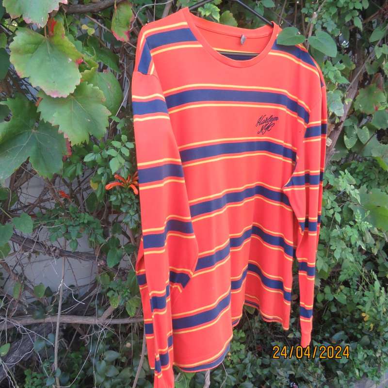 Men`s long sleeve burnt orange T Shirt size 3XL. Navy/yellow horizontal stripes.HARLEM NYC.