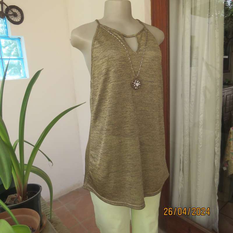Glamour strappy top in mottled gold/black stretch soft polyester.With chain/pendant.Size 38 by KELSO