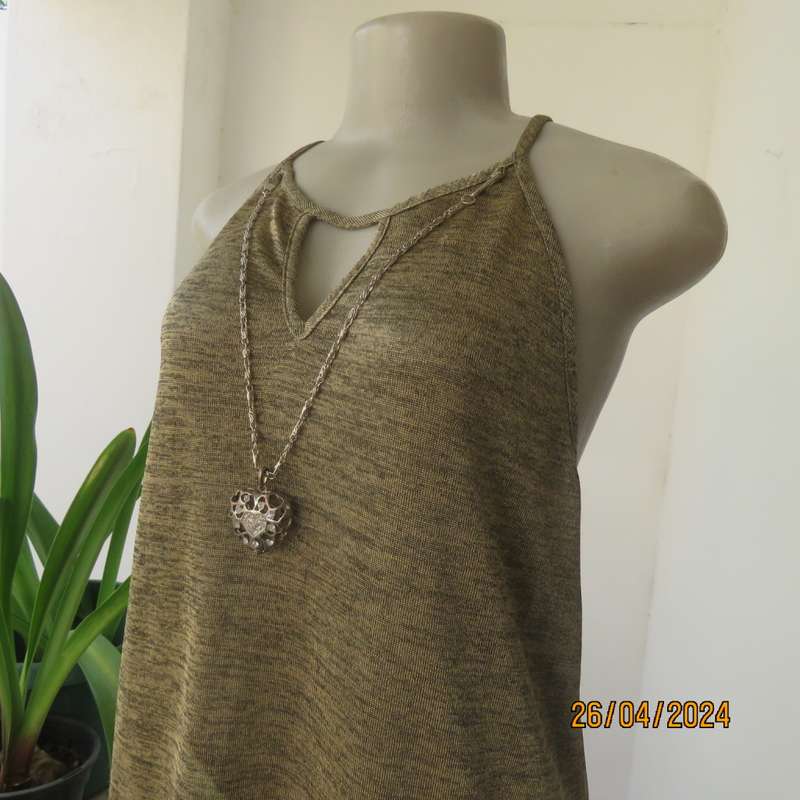 Glamour strappy top in mottled gold/black stretch soft polyester.With chain/pendant.Size 38 by KELSO