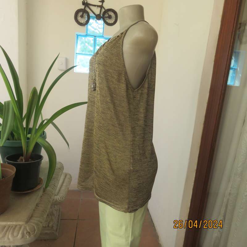 Glamour strappy top in mottled gold/black stretch soft polyester.With chain/pendant.Size 38 by KELSO