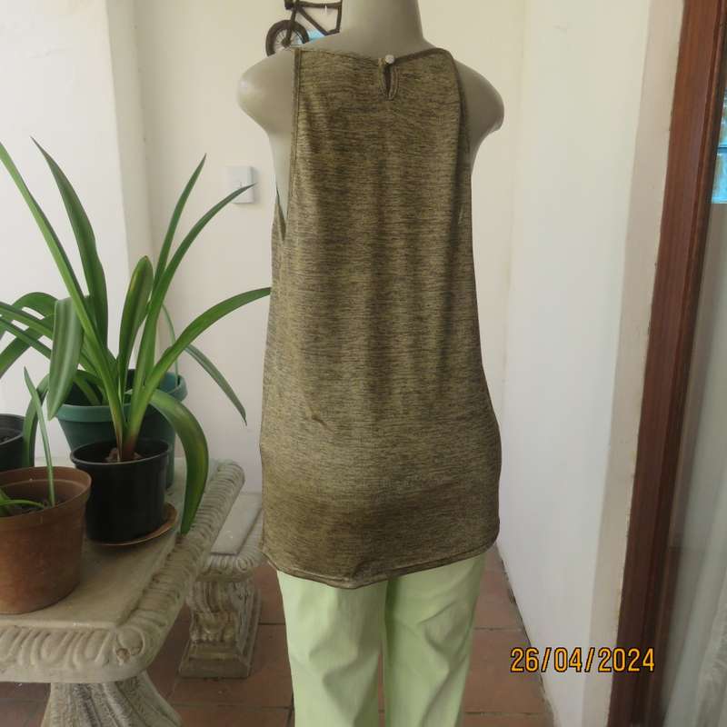 Glamour strappy top in mottled gold/black stretch soft polyester.With chain/pendant.Size 38 by KELSO